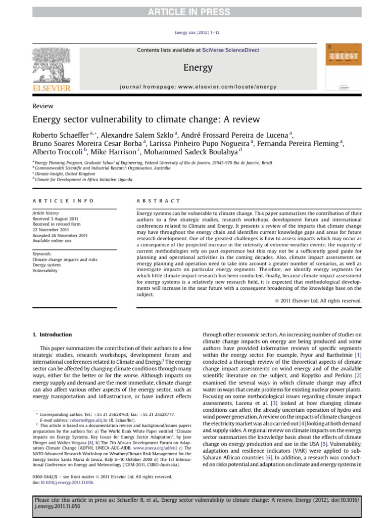 1energy Sector Vulnerability To Climate Change A Review | PDF | Climate ...