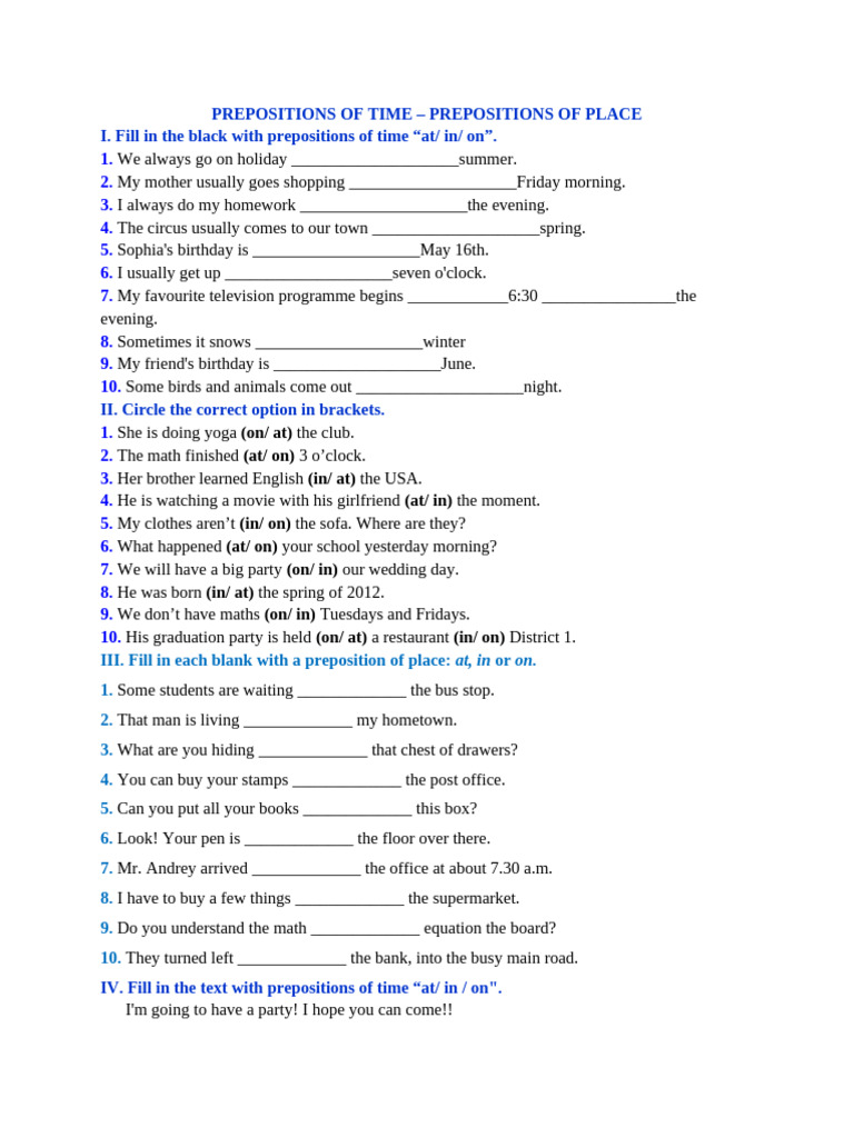 Prepositions in Time and Place Exercises | PDF