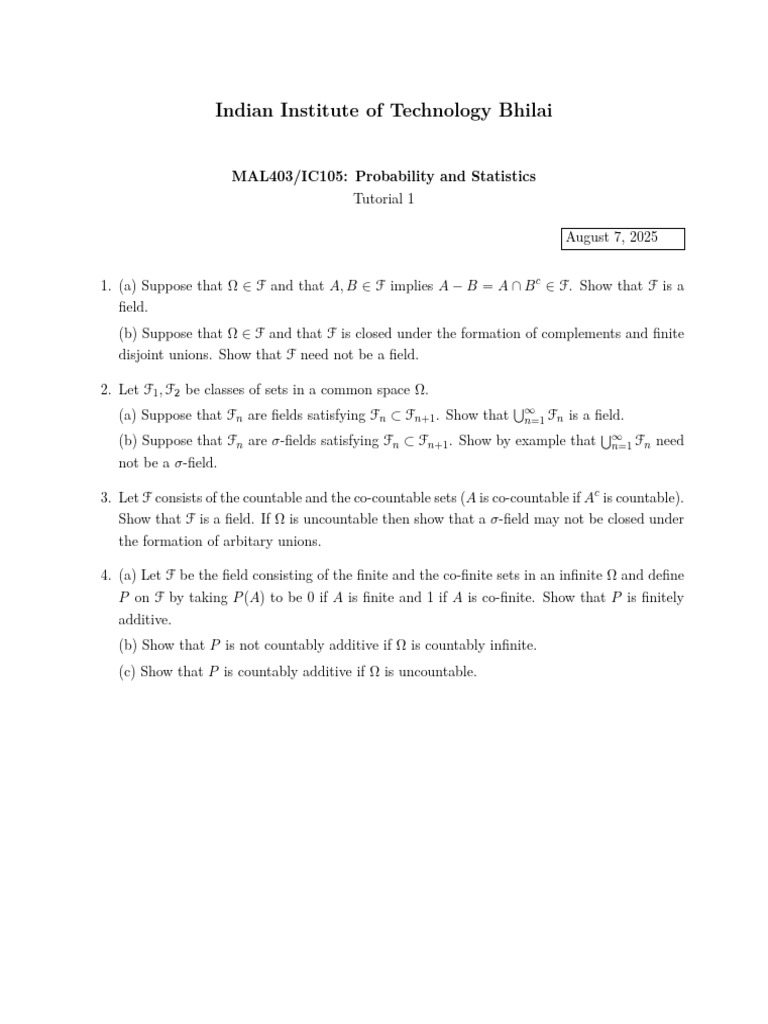 Probability and Statistics Tutorial 1 | PDF