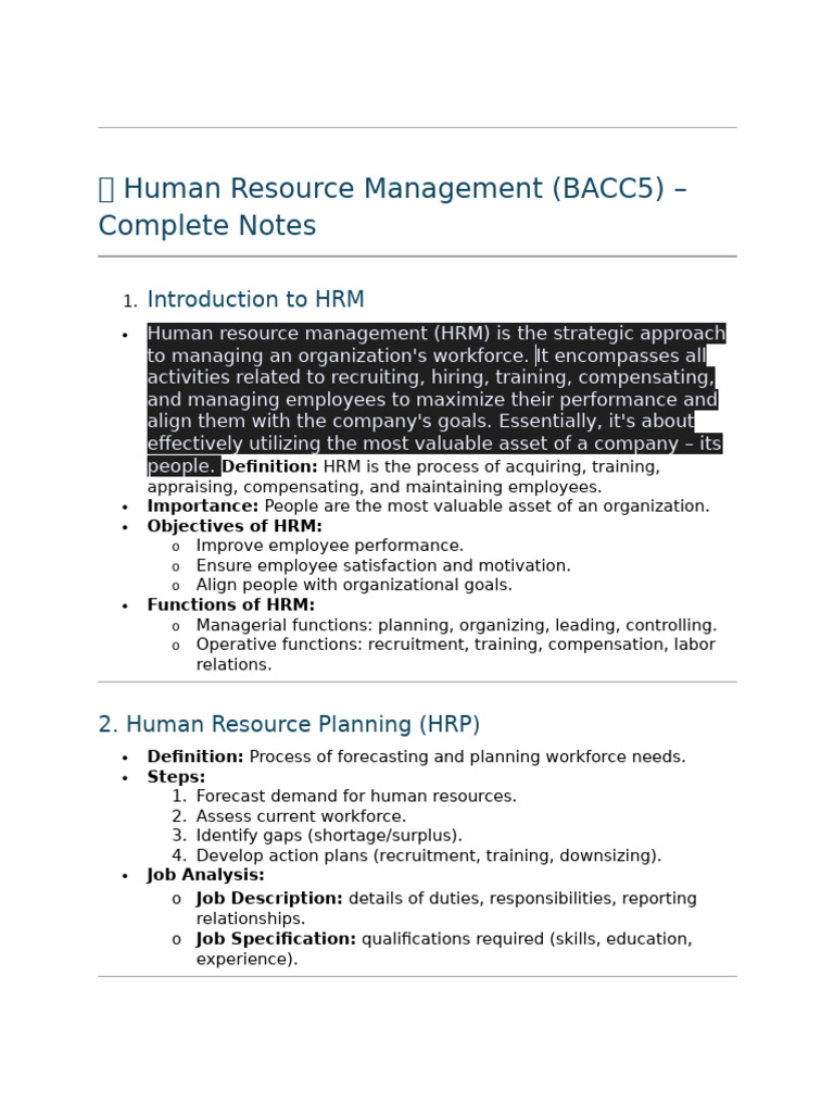 Comprehensive HRM Study Guide | PDF | Human Resource Management ...