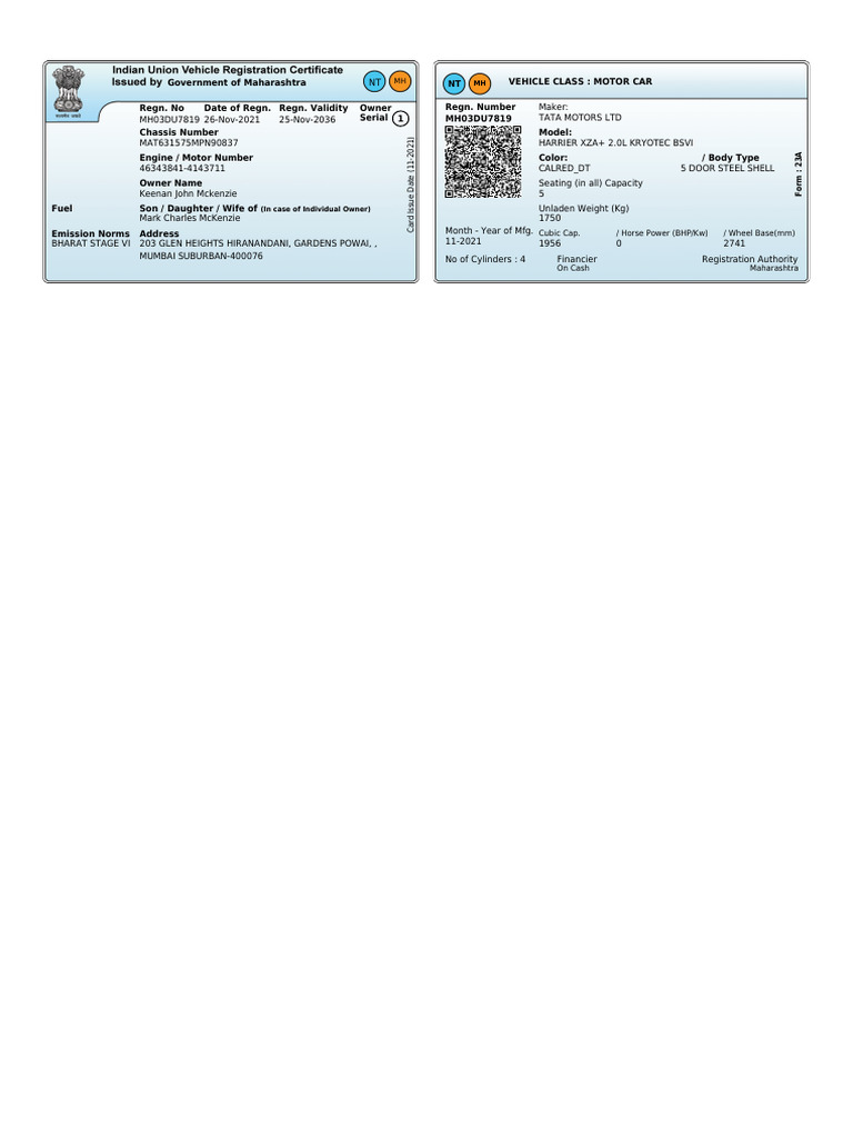 Maharashtra Vehicle Registration Details | PDF | Automotive ...