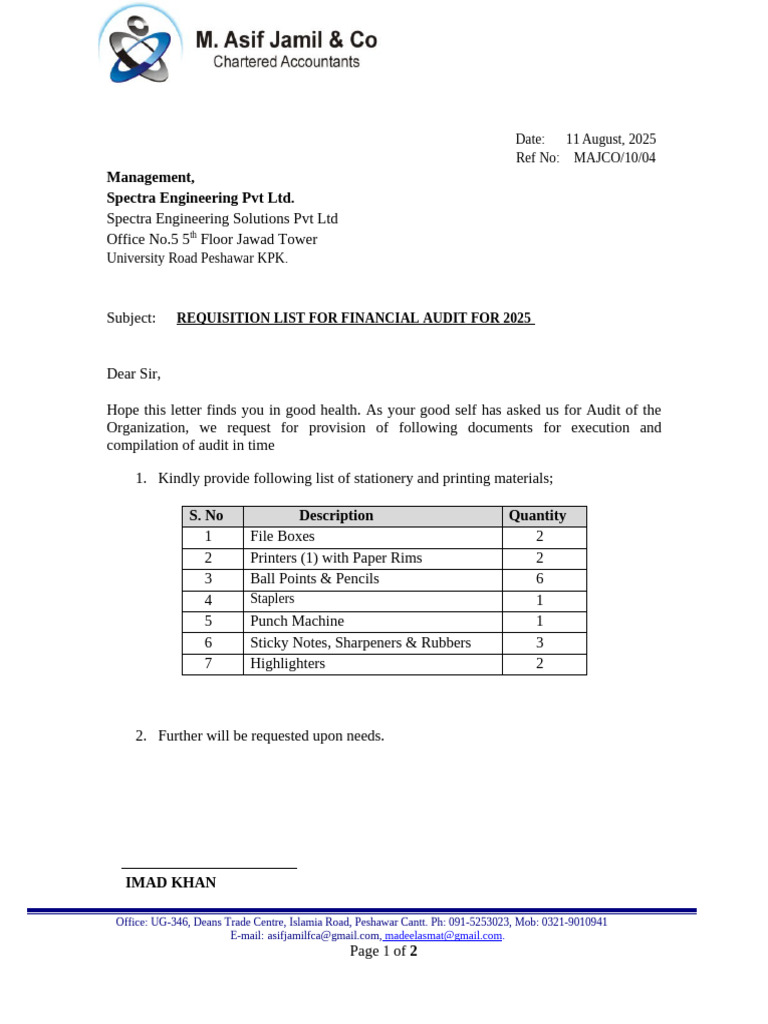 Audit Document Requisition for 2025 | PDF | Accounting | Financial ...