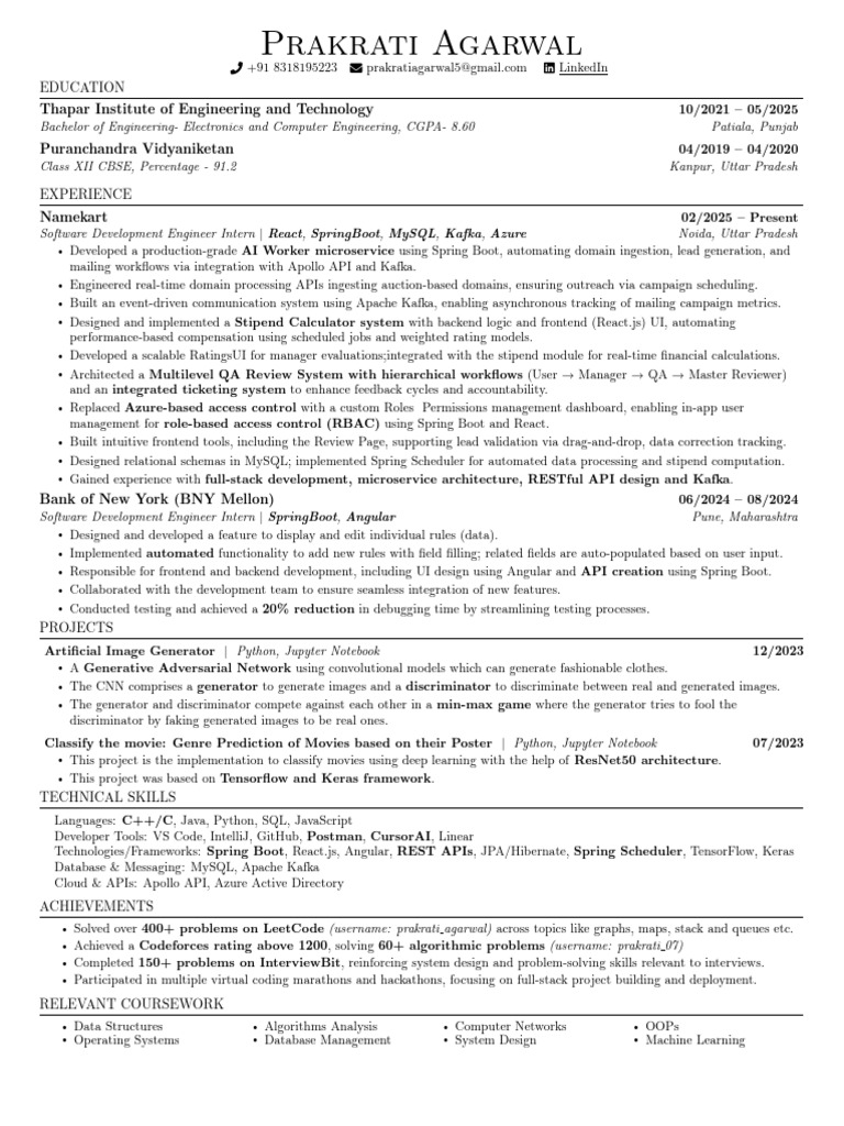 Prakrati Resume 4P | PDF | Computing | Software Engineering
