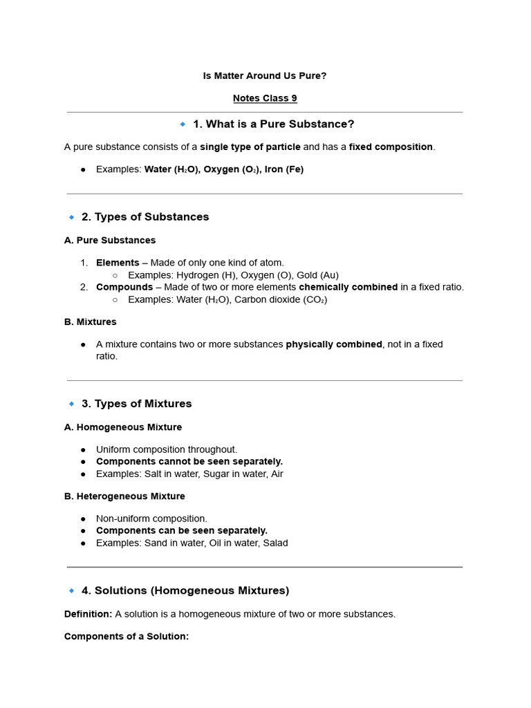 Is Matter Around Us Pure Notes C9 | PDF | Mixture | Chemical Substances