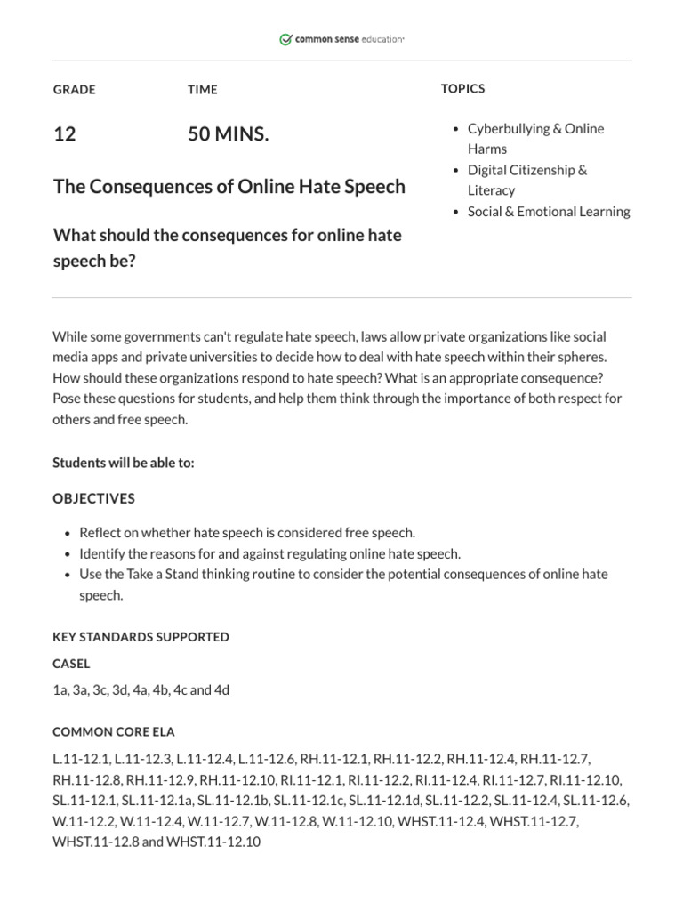 The Consequences of Online Hate Speech - Common Sense Education | PDF ...