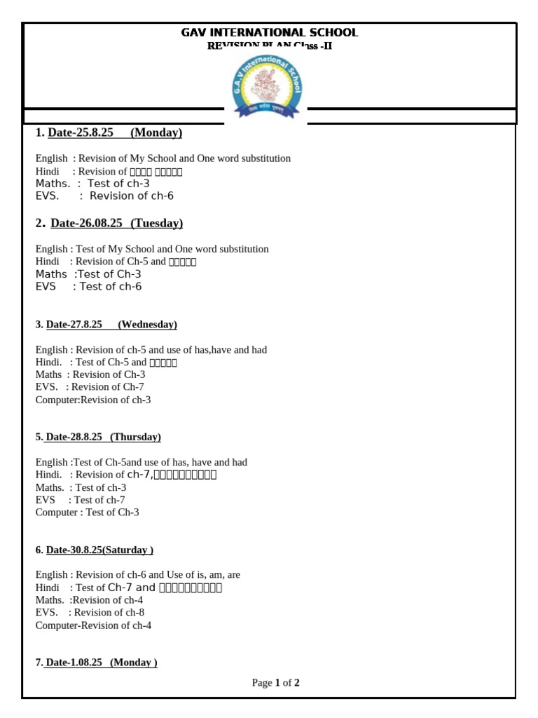 TERM-II Revision Plan of Class 2 | PDF