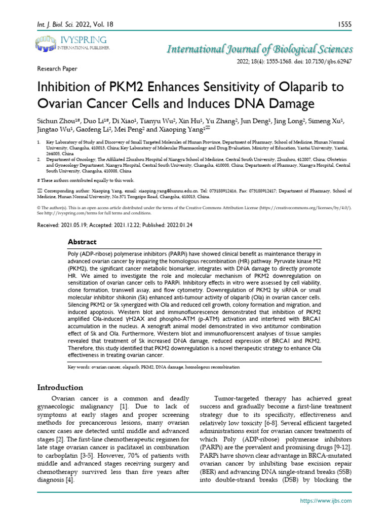 Inhibition of PKM2 Enhances Sensitivity of Olaparib To Ovarian Cancer ...