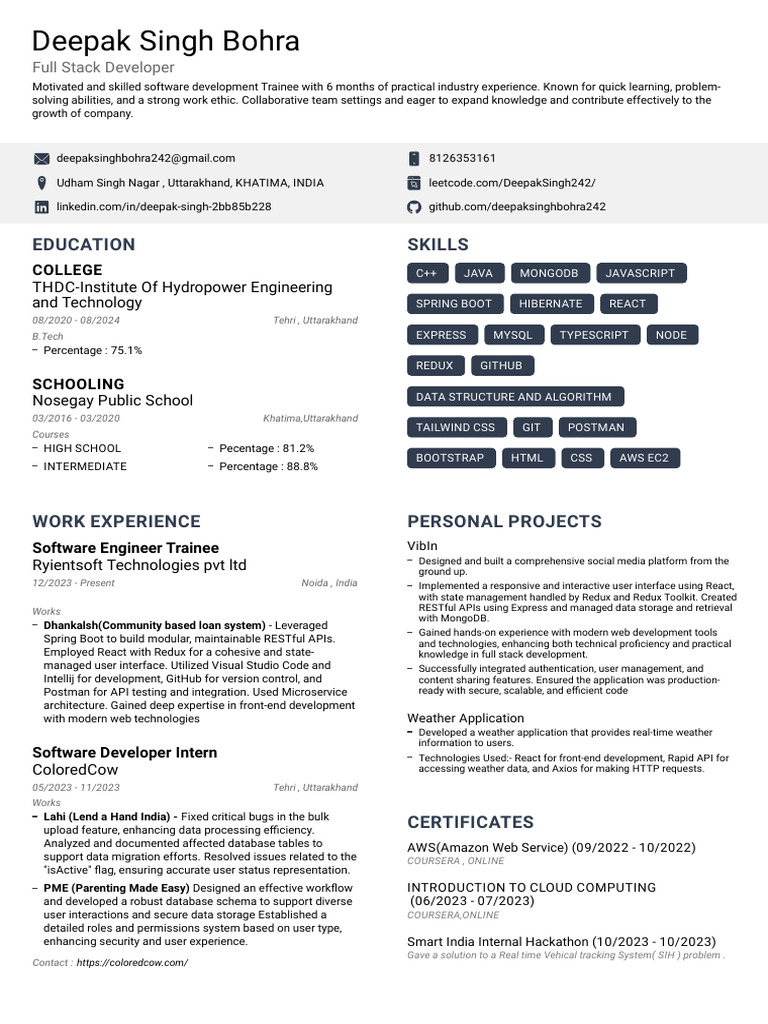 Deepak Singh Bohra: Full Stack Developer | PDF | Databases | Amazon Web ...