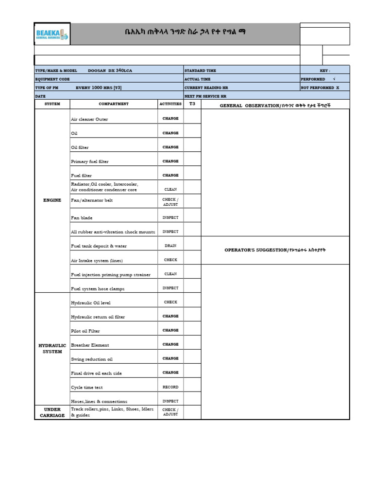 Doosan DX 340LCA PM Checklist | PDF | Motor Oil | Mechanical Engineering