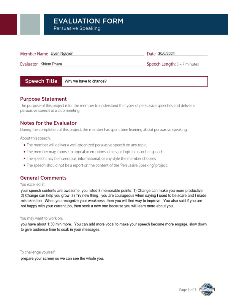 Persuasive Speech Evaluation Form | PDF | Public Speaking | Human ...