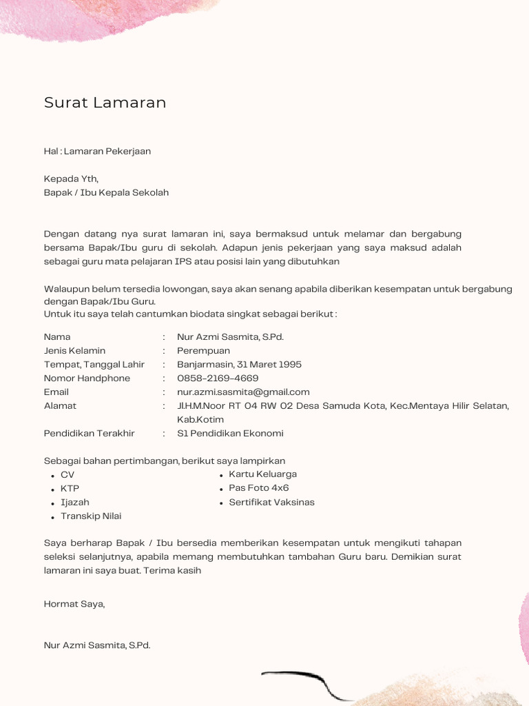 Surat Lamaran Kerja Guru IPS | PDF