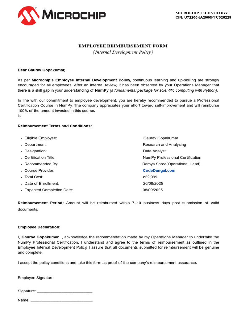 NumPy Certification Reimbursement Details | PDF