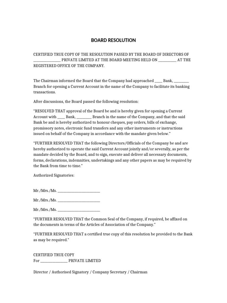 Board Resolution for Bank Account Opening | PDF