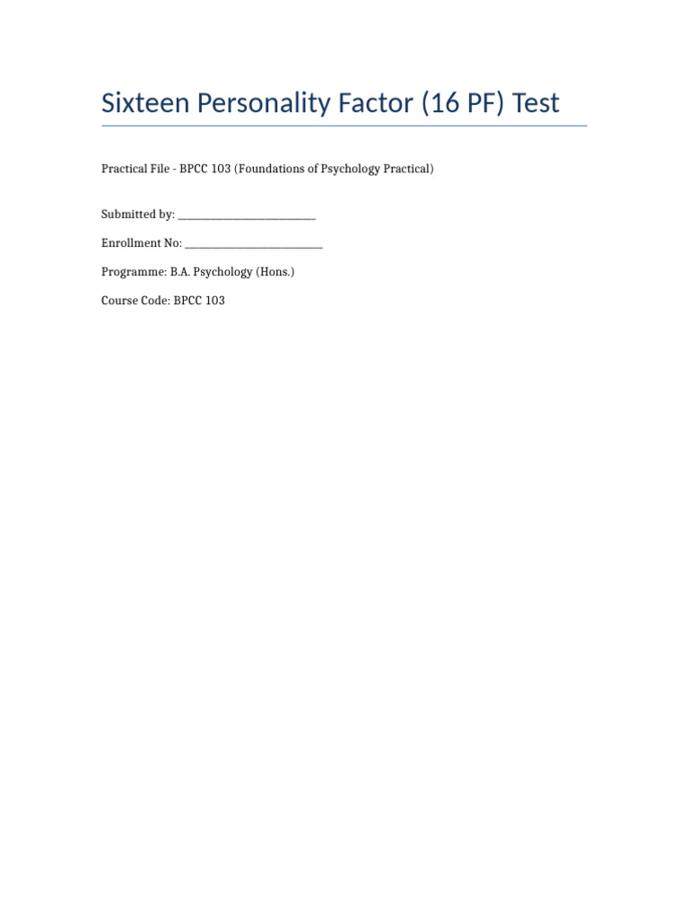 16 PF Test Practical File - BPCC 103 | PDF | Human Development ...
