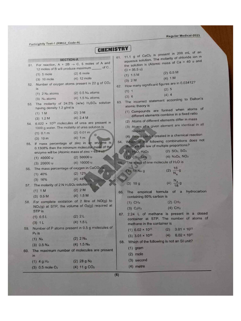 Mole Concepts Practice Questions | PDF