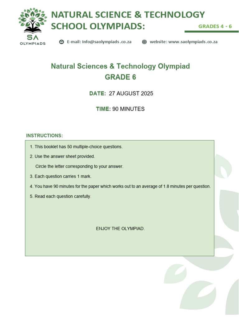Grade 6 Natural Sciences Exam 2025 | PDF | Foods | Liquids