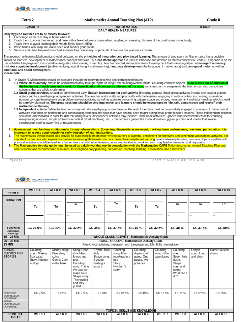 Grade R Mathematics Teaching Plan Term 2 | PDF | Learning | Mathematics