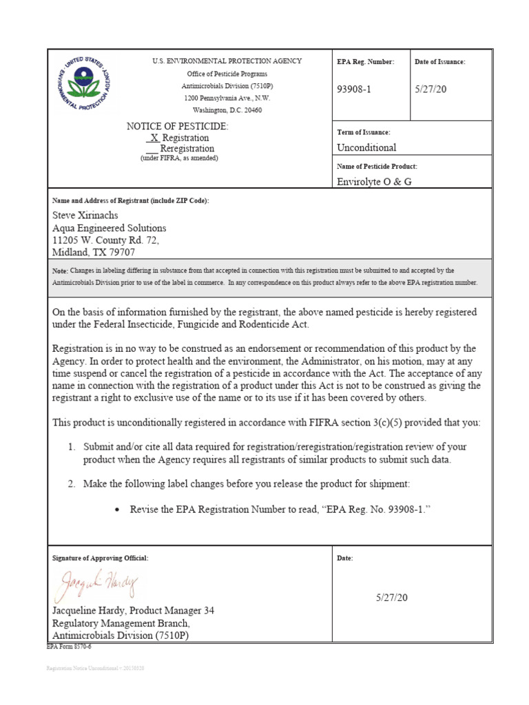 EPA Registration Notice for Envirolyte O & G | PDF | Disinfectant ...