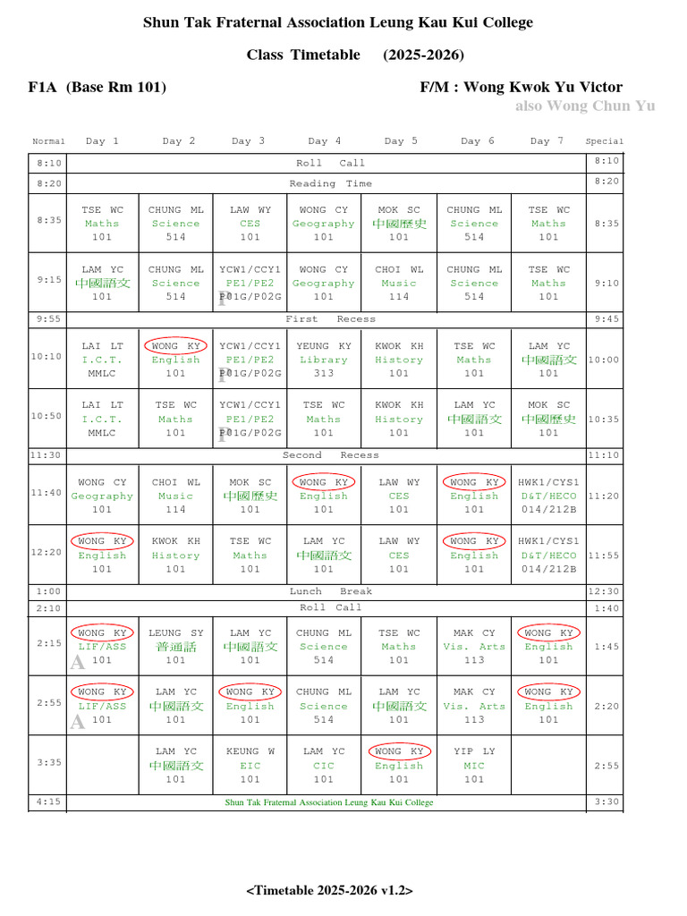 2025-2026 School Timetable Overview | PDF
