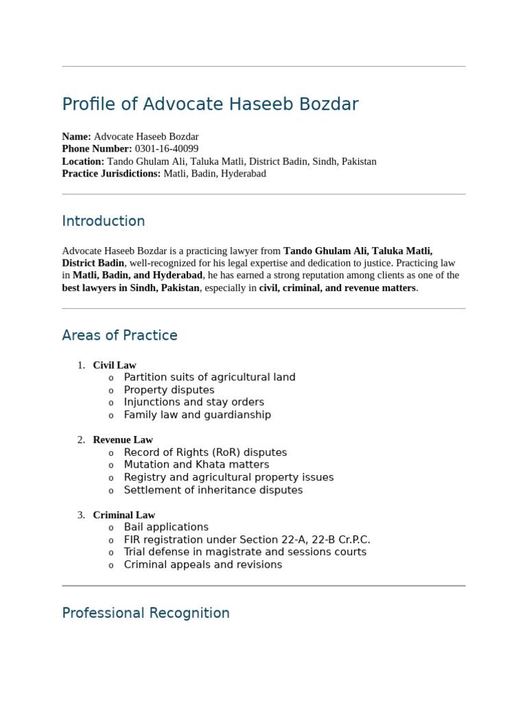 Advocate Haseeb Bozdar: Top Sindh Lawyer | PDF