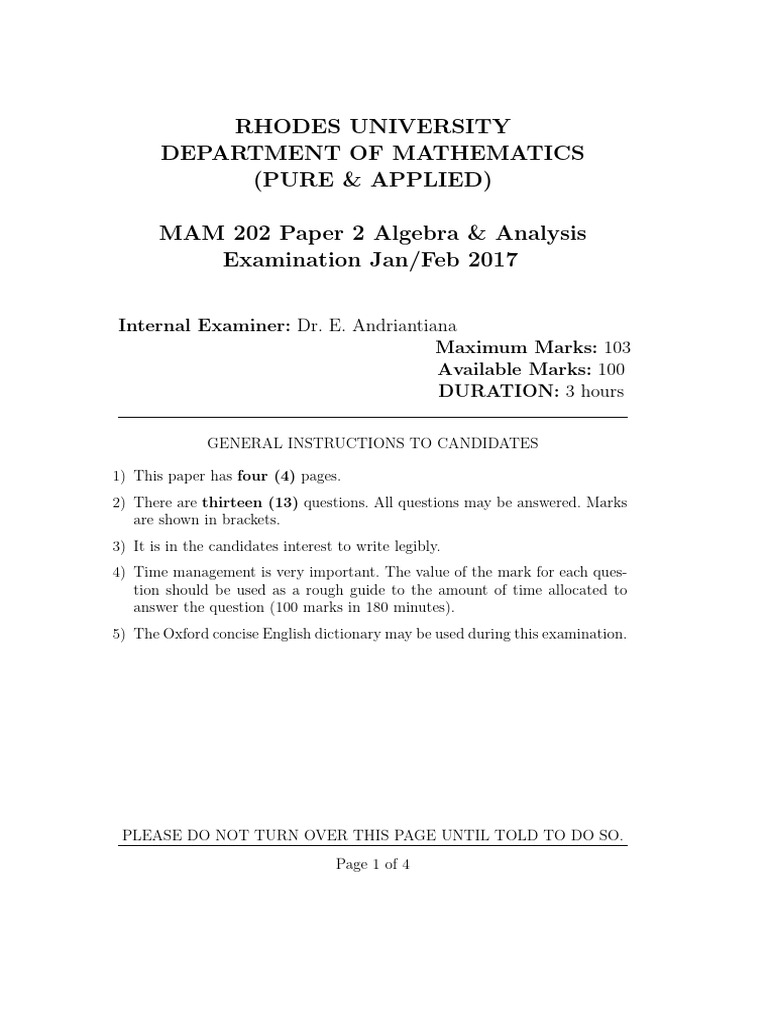 MAM 202 Algebra & Analysis Exam 2017 | PDF | Mathematics | Mathematical ...