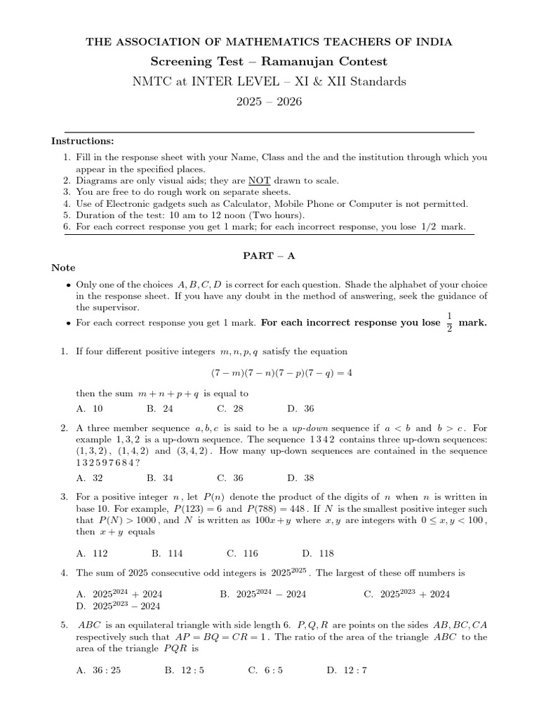 NMTC 2025 Screening Test Paper | PDF | Sequence | Discrete Mathematics