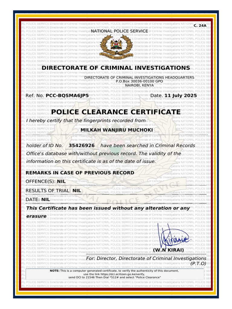 Police Clearance Certificate Issued | PDF