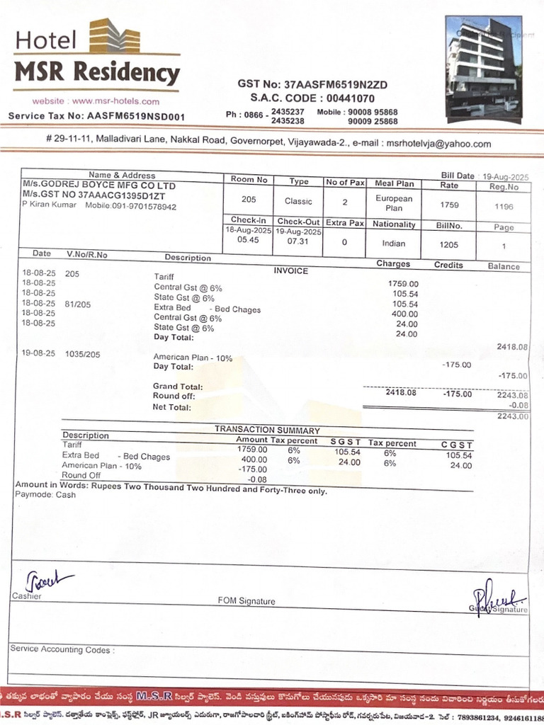 Vijayawada Room Bill | PDF
