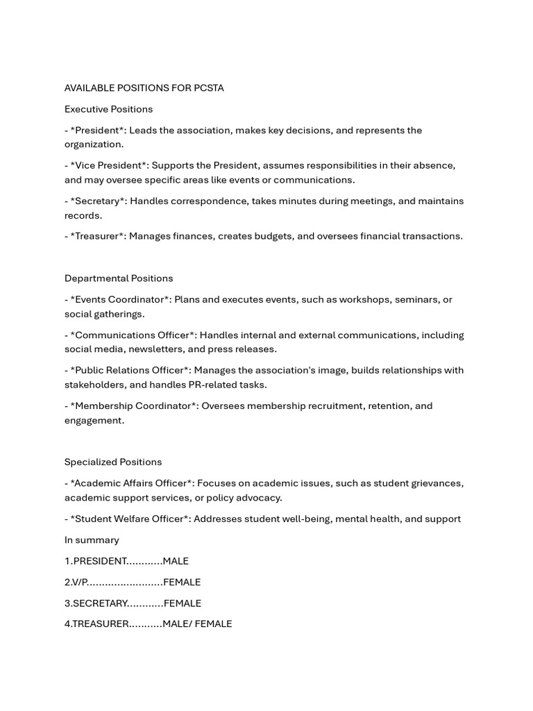 PCSTA Available Positions Overview | PDF
