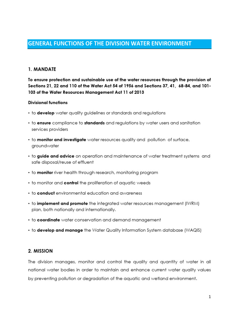 Namibia Water Environment Division Functions | PDF | Water Quality ...