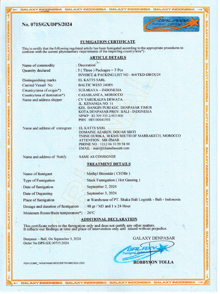 Fumigation Certificate | PDF