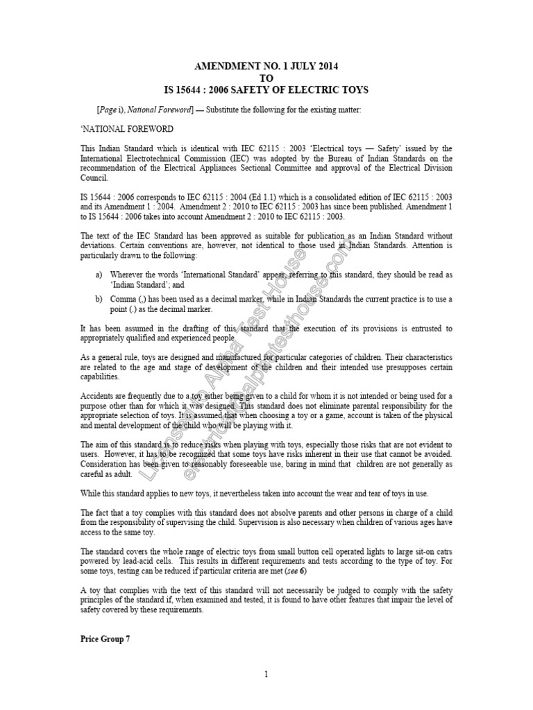 IS 15644: Electric Toy Safety Standard | PDF | International