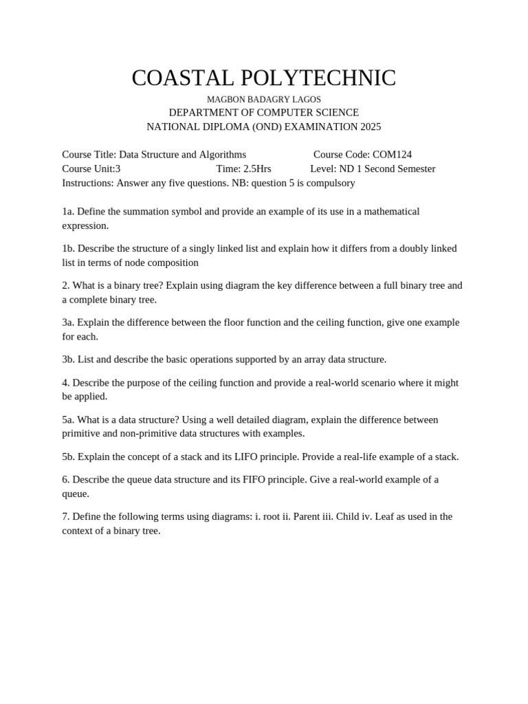 Engr A. Ezekiel - Computer Science Questions Coastal Polytechnic | PDF ...