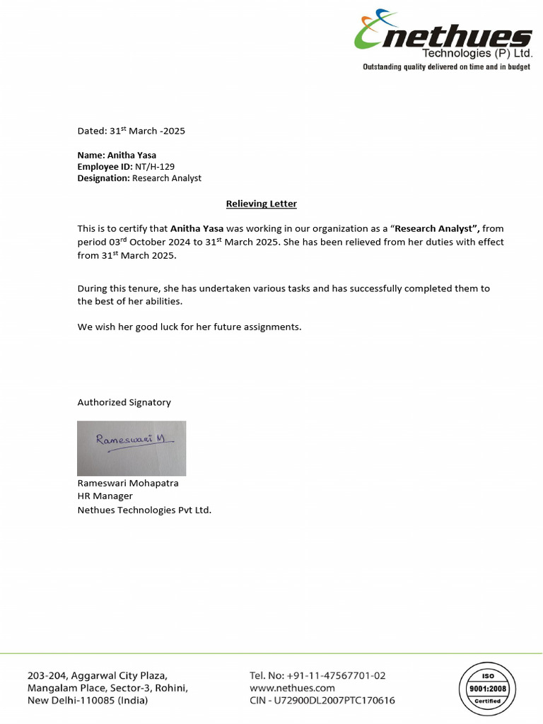 Relieving Letter - Anitha Yasa | PDF