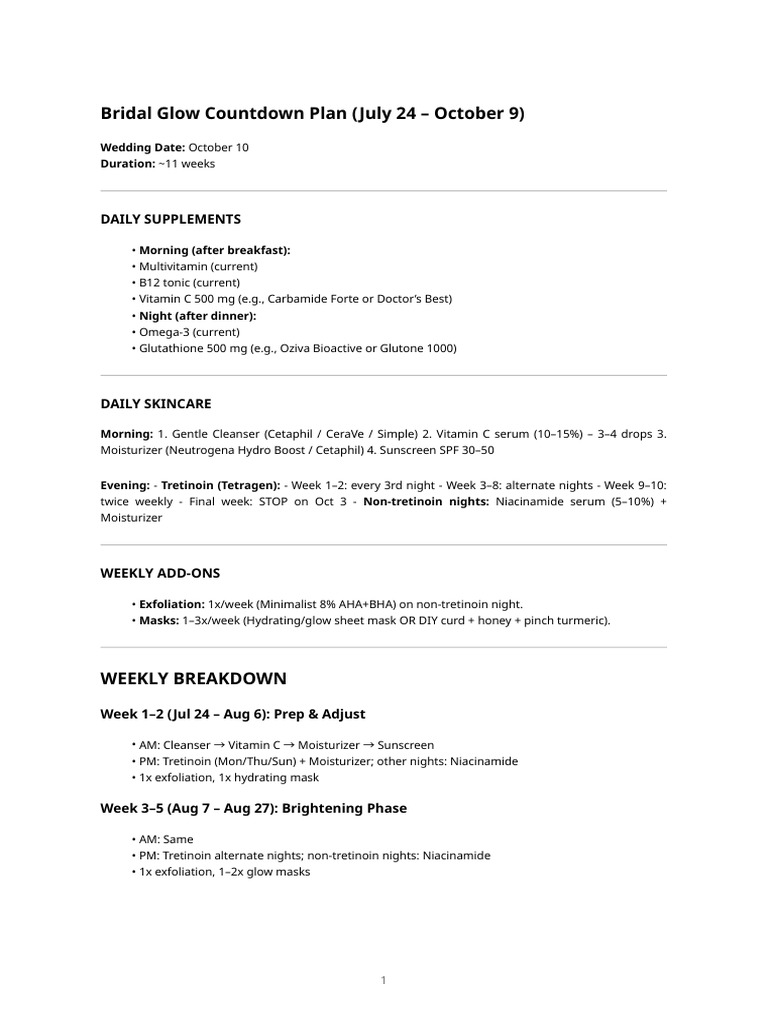 Bridal Glow Countdown Skincare Plan | PDF | Skin Care | Beauty