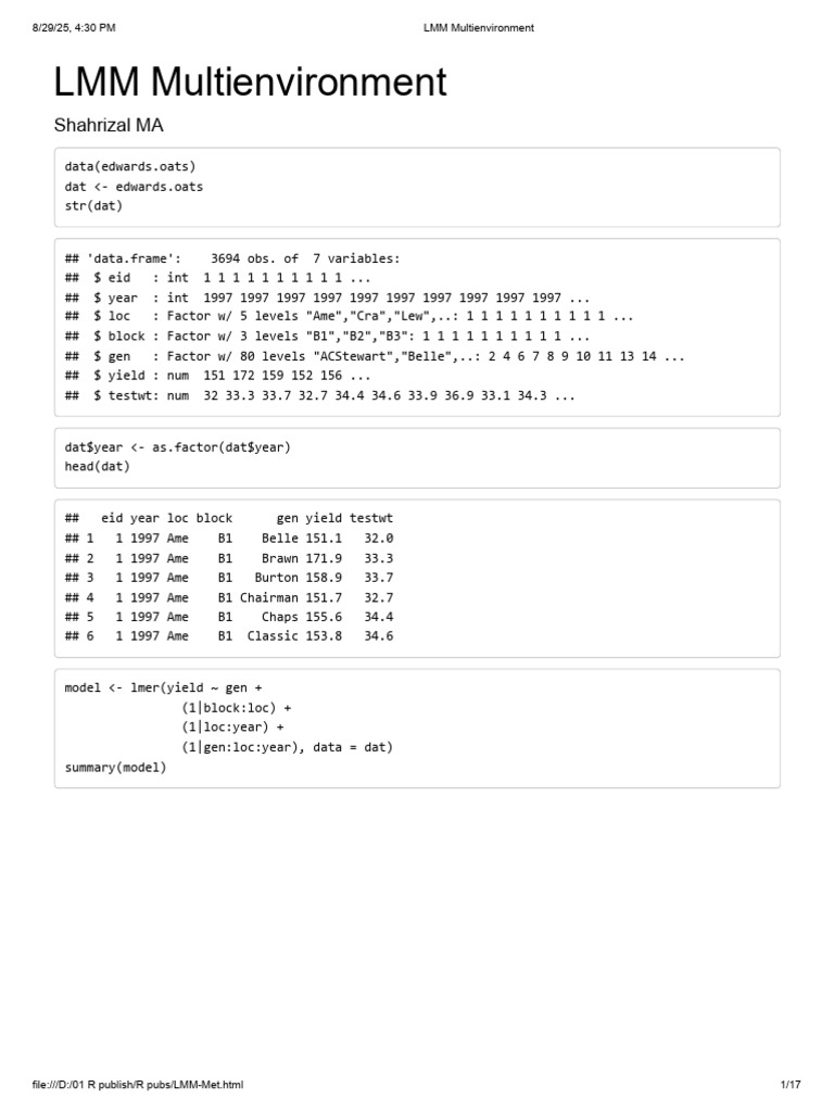 LMM Analysis of Oat Yield Data | PDF | Statistical Models | Analysis Of ...