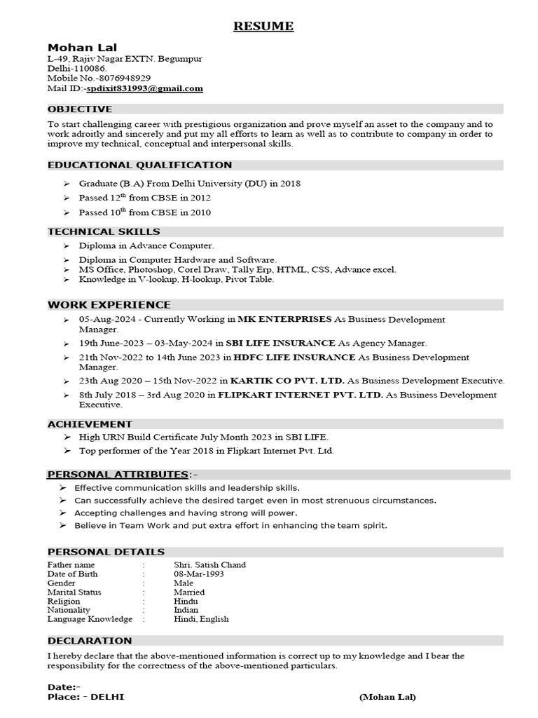 Business Development Resume of Mohan Lal | PDF