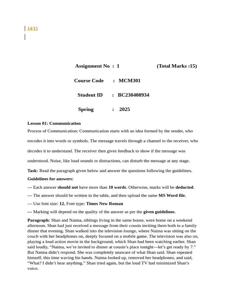 MRK - Spring 2025 - MCM301 - 1 - BC230408934 | PDF | Communication ...