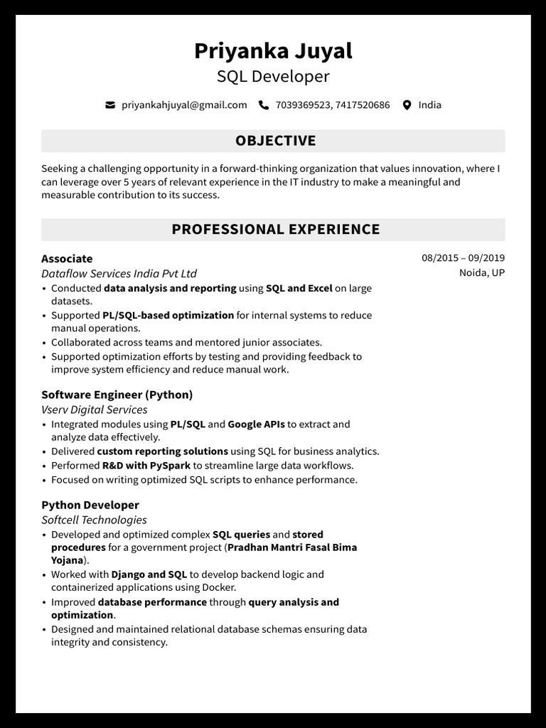 SQL Developer Resume - Priyanka Juyal | PDF | Sql | Databases