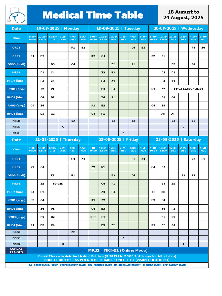 Medical Time Table: August 2025 Schedule | PDF