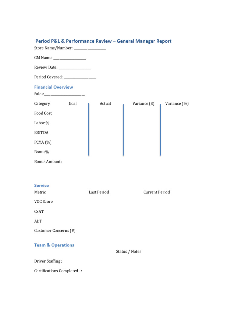 GM Performance Review & P&L Summary | PDF