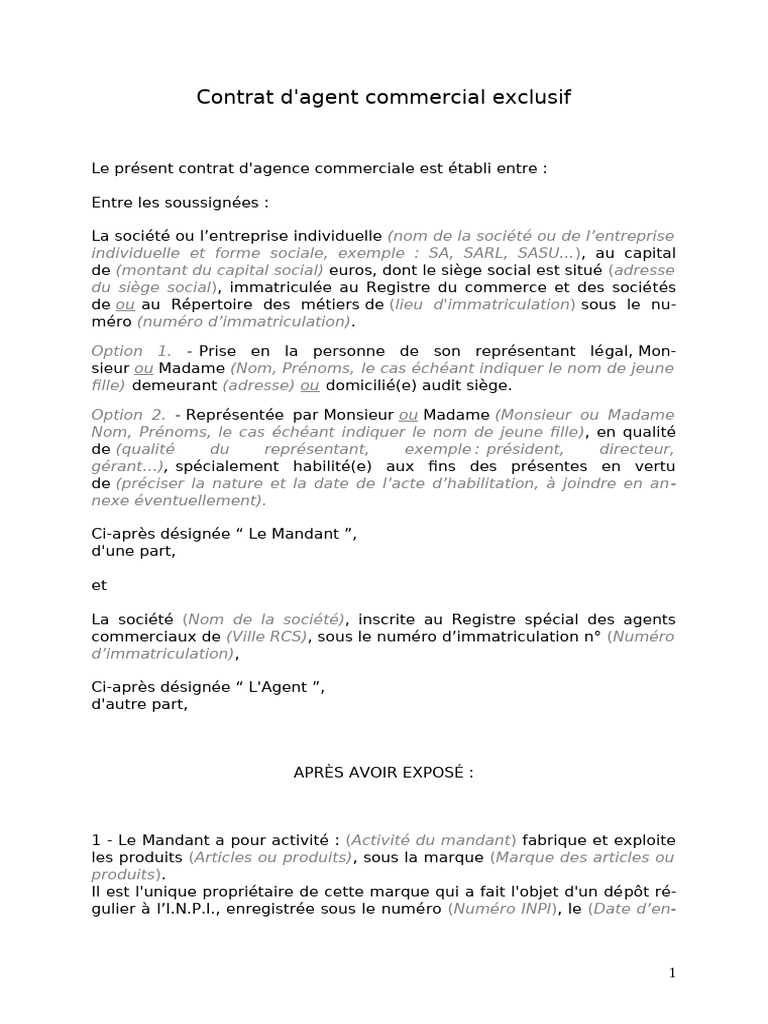 Contrat d'Agent Commercial Exclusif | PDF | Droit des affaires | Droit ...