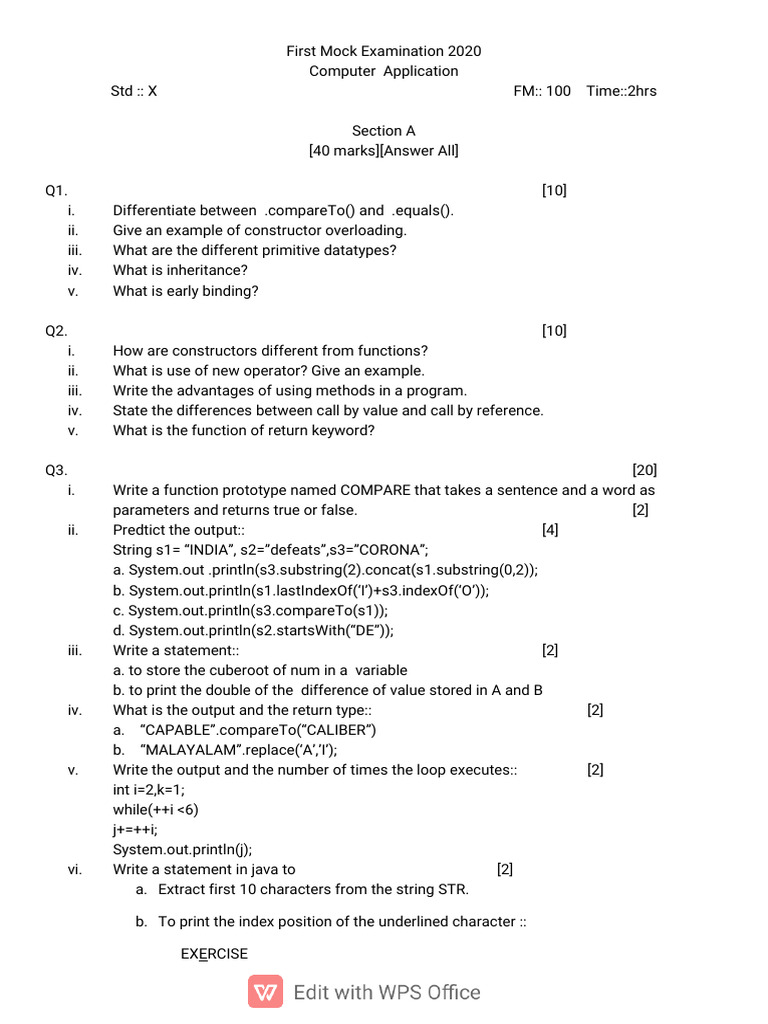 2020 Mock Exam: Computer Applications X | PDF
