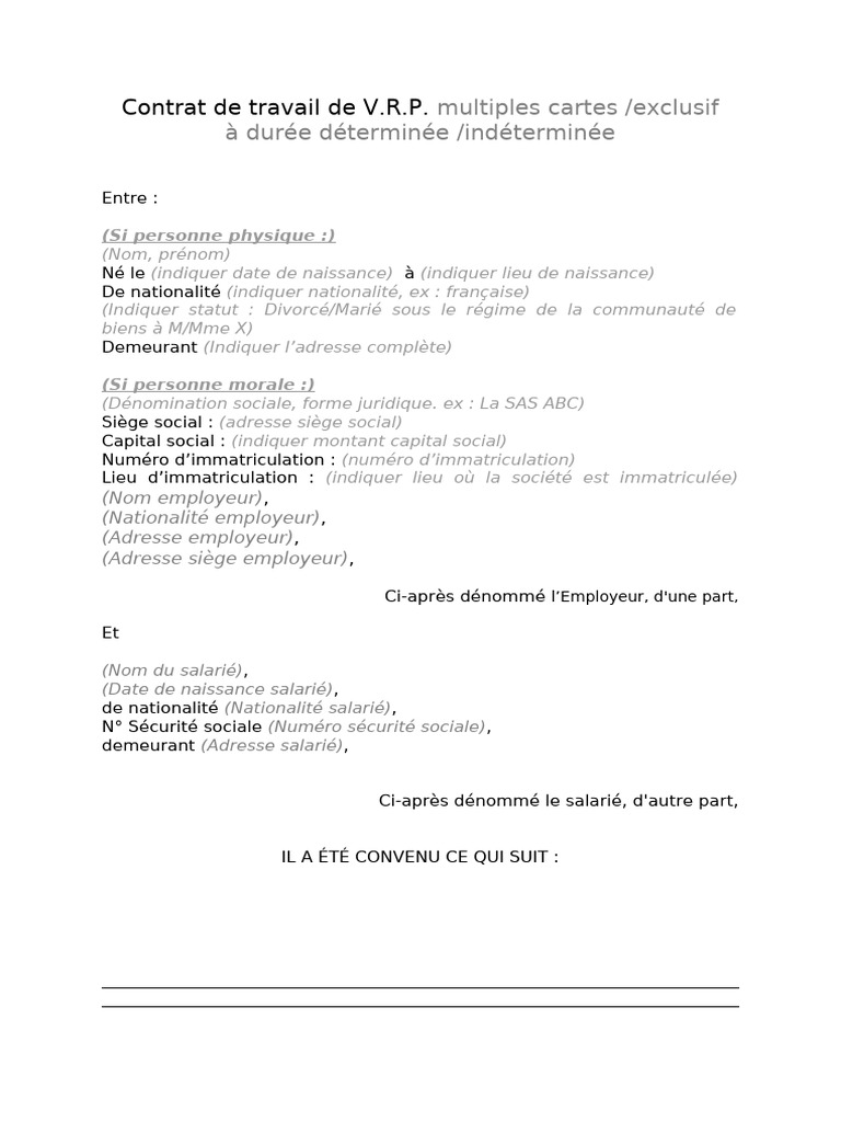 Contrat de travail VRP exclusif/multicartes | PDF | Relations de ...