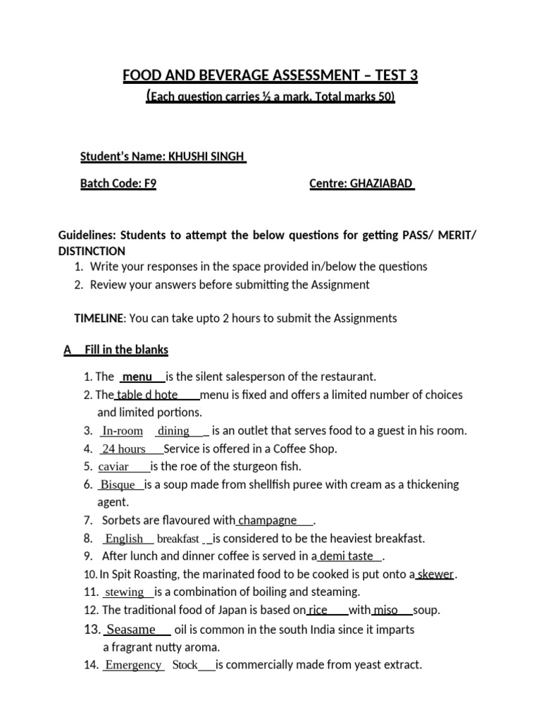 Food and Beverage Assessment Test 3 | PDF | Sauce | Menu