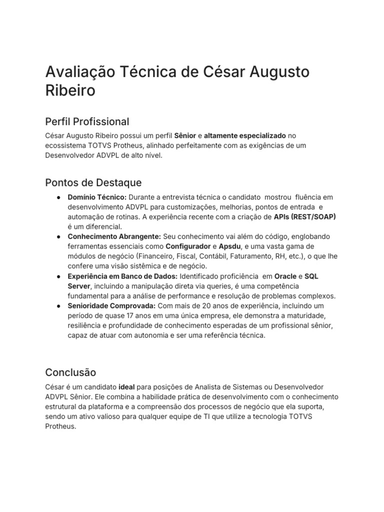 Avaliação de César Ribeiro: Desenvolvedor ADVPL Sênior | PDF