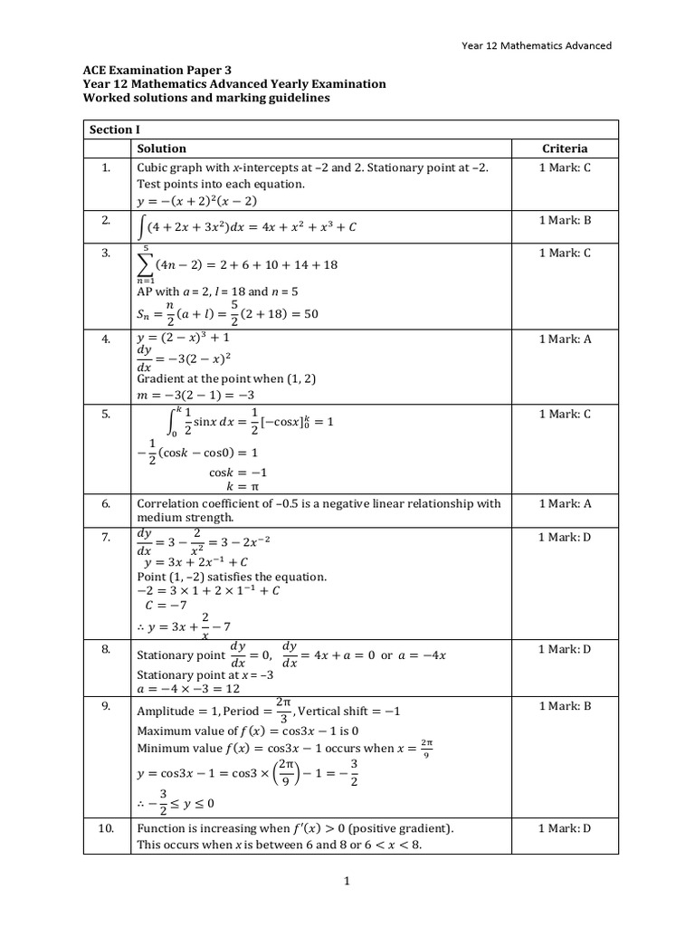 Year 12 Maths Exam Solutions | PDF | Calculus | Mathematics