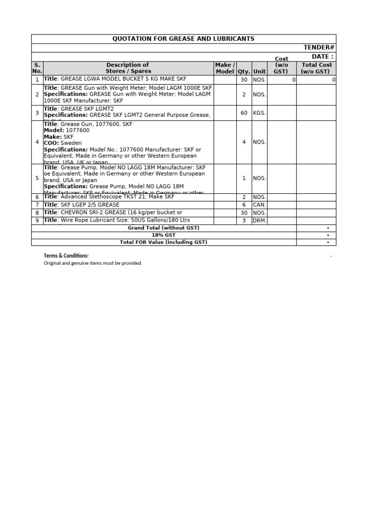 Grease and Lubricants Quotation Document | PDF