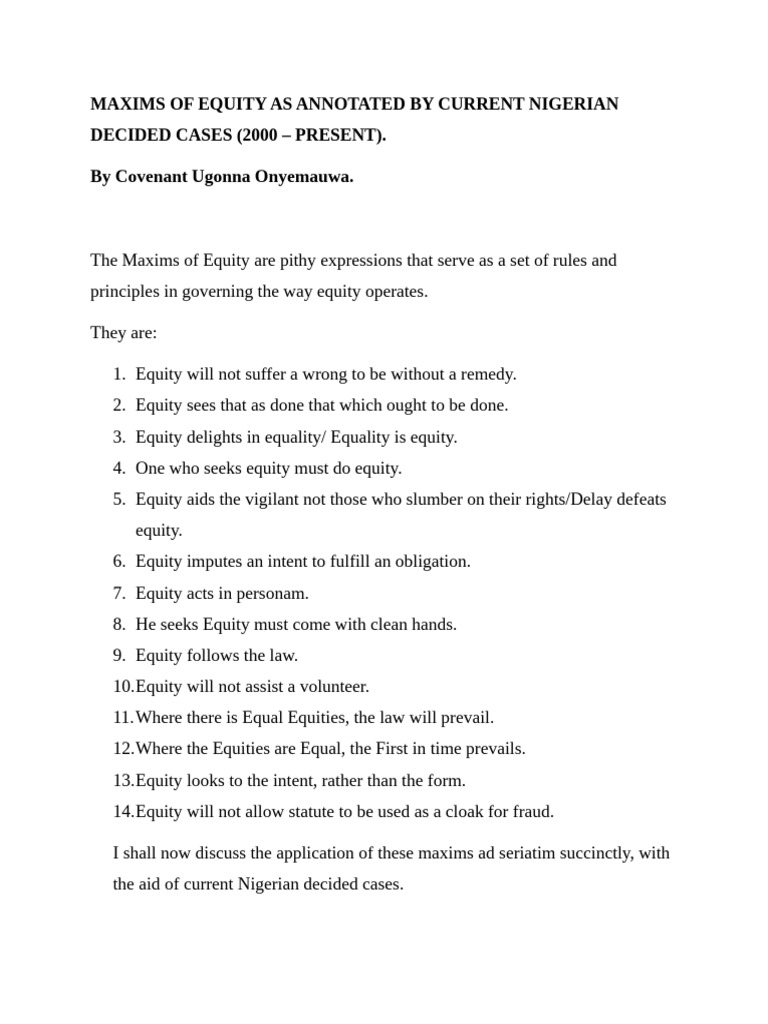 Maxims of Equity in Nigerian Law | PDF | Equity (Law) | Legal Remedy