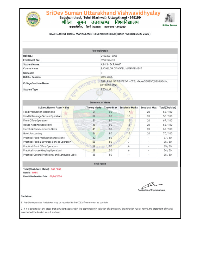 Abhishek 3rd Sem Marksheet | PDF